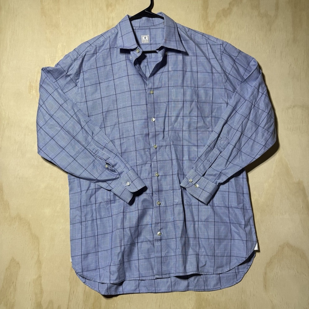Peter Millar Men's Large Blue White Plaid Cotton Long Sleeve Button Up Shirt